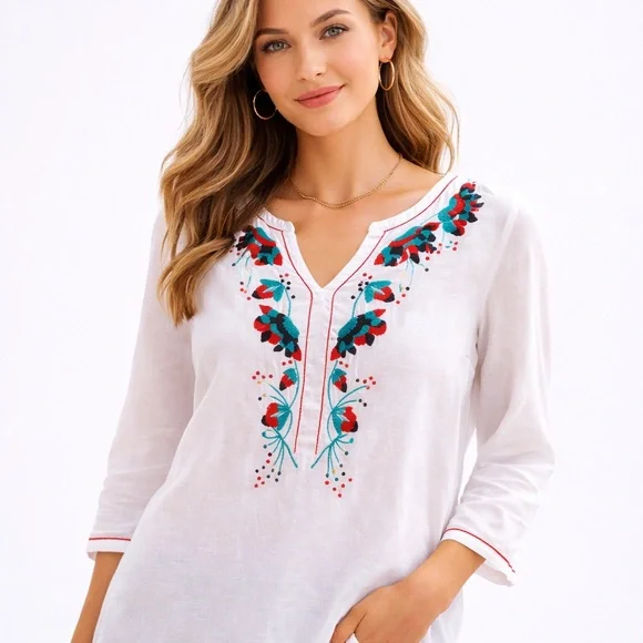 Tommy Bahama Linen Embroidered Tunic Top XS Boho Floral White - Picture 2 of 15